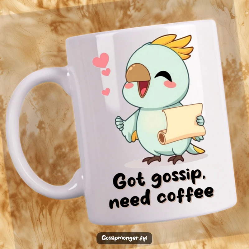 Funny mug with a chatty parrot with its beak wide open, holding and sharing a tiny scroll of secrets.
