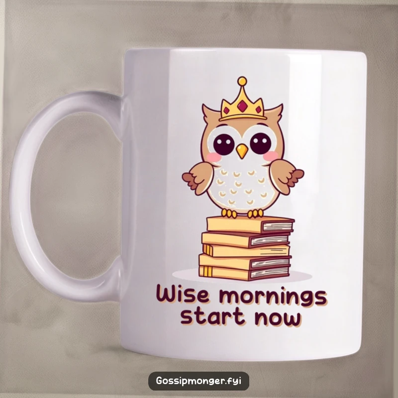 Funny mug with a giggling crowned owl balancing precariously on a stack of whispering letters, symbolizing wisdom and secrets.