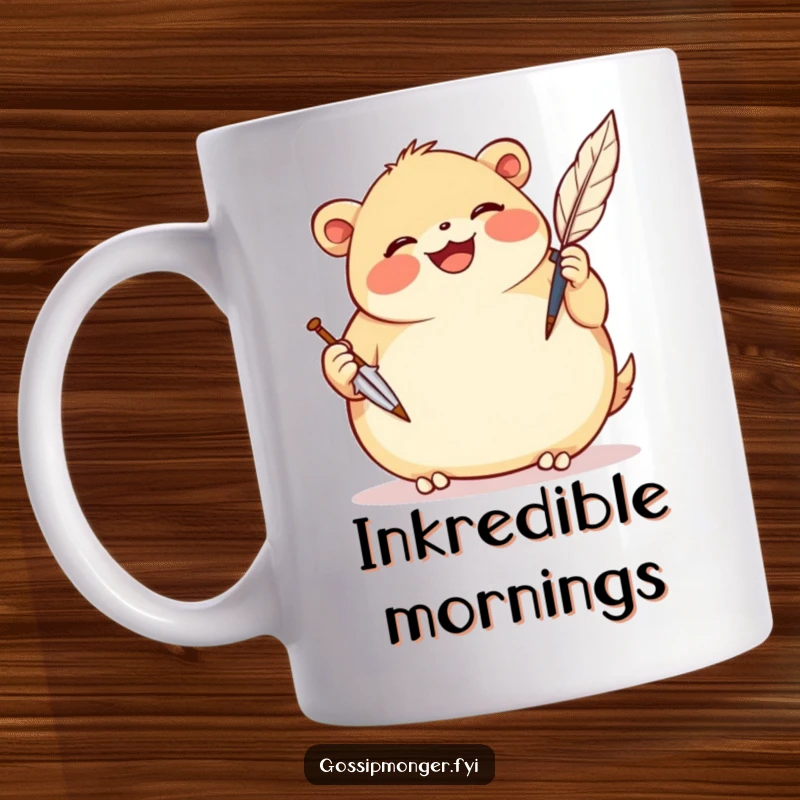 Funny mug featuring a plump, smiling creature gleefully scribbling notes with a comically oversized quill pen.