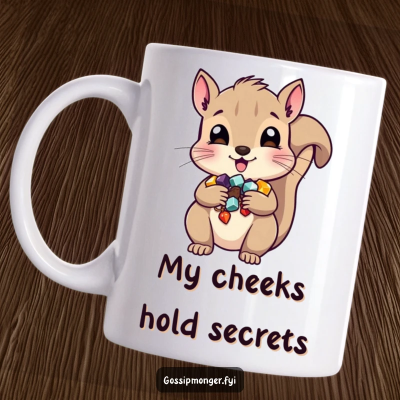 Funny squirrel mug hoarding shiny trinkets in its cheeks, looking mischievous and cute, perfect for a nature lover's gift.
