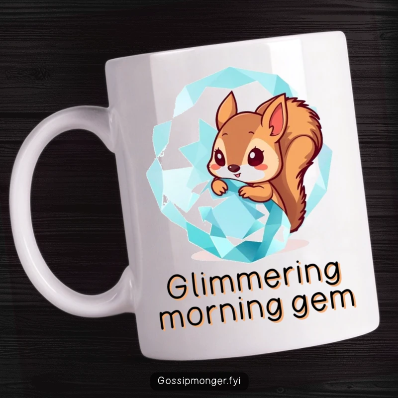 Funny Mug: A tiny, curious squirrel peeks from behind a massive, sparkling gemstone, caught in a moment of funny awe.