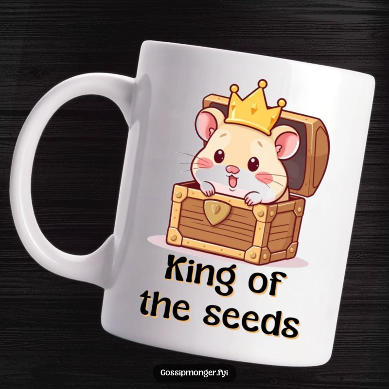 Funny Mug: Curious hamster wearing a tiny crown peeking out of a treasure chest, conveying a sense of funny royalty and discovery, great funny gift.