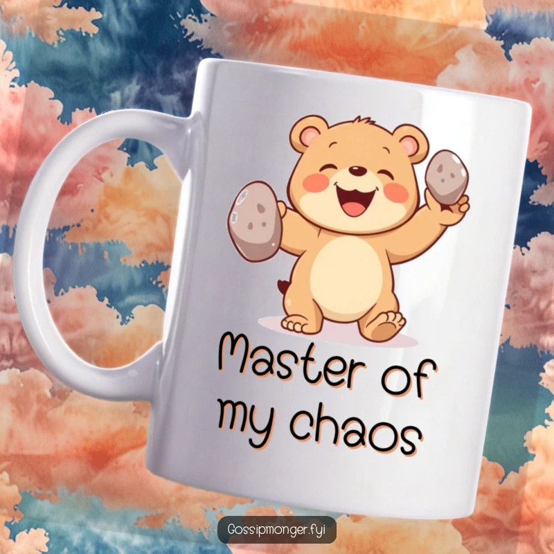 Funny bear mug featuring a joyful bear cub grinning while juggling three oversized shiny pebbles with impressive skill.