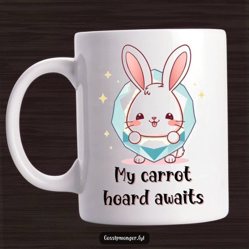 Funny Mug: Cheerful bunny hiding behind a huge, sparkly gemstone, radiating joy and playful curiosity, perfect for a funny gift.