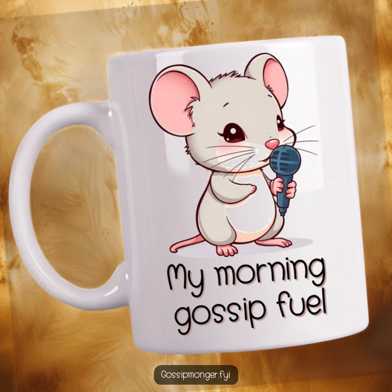 Funny small mouse holding a tiny microphone, leaning in to hear a secret, depicted as a curious informant.