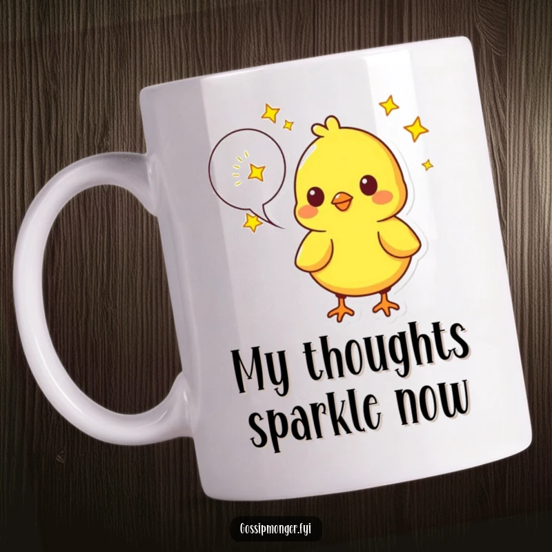 Funny Chick Mug: A bright yellow chick speaks dreams filled with twinkling stars, perfect for a whimsical and funny gift.