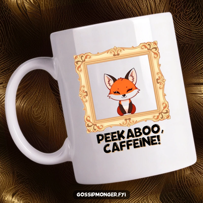 Funny red fox with a mischievous wink, peeking out of a giant ornate empty picture frame, playful art mug.
