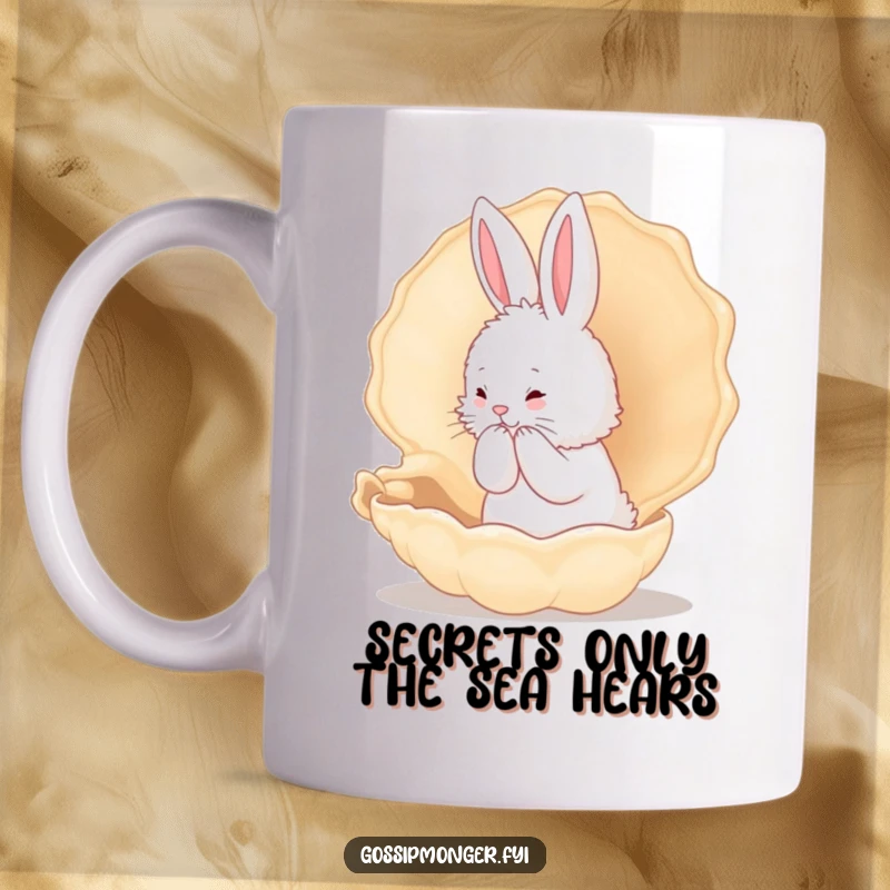 Funny Bunny Mug: A fluffy white rabbit whispers secrets into a giant conch shell, perfect for a cute and humorous gift.