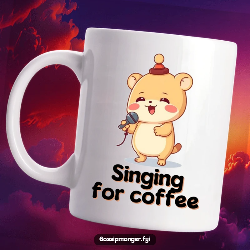 Funny creature with a tiny hat joyfully spinning and holding a miniature microphone, embodying a performance artist's delight on this humorous mug.