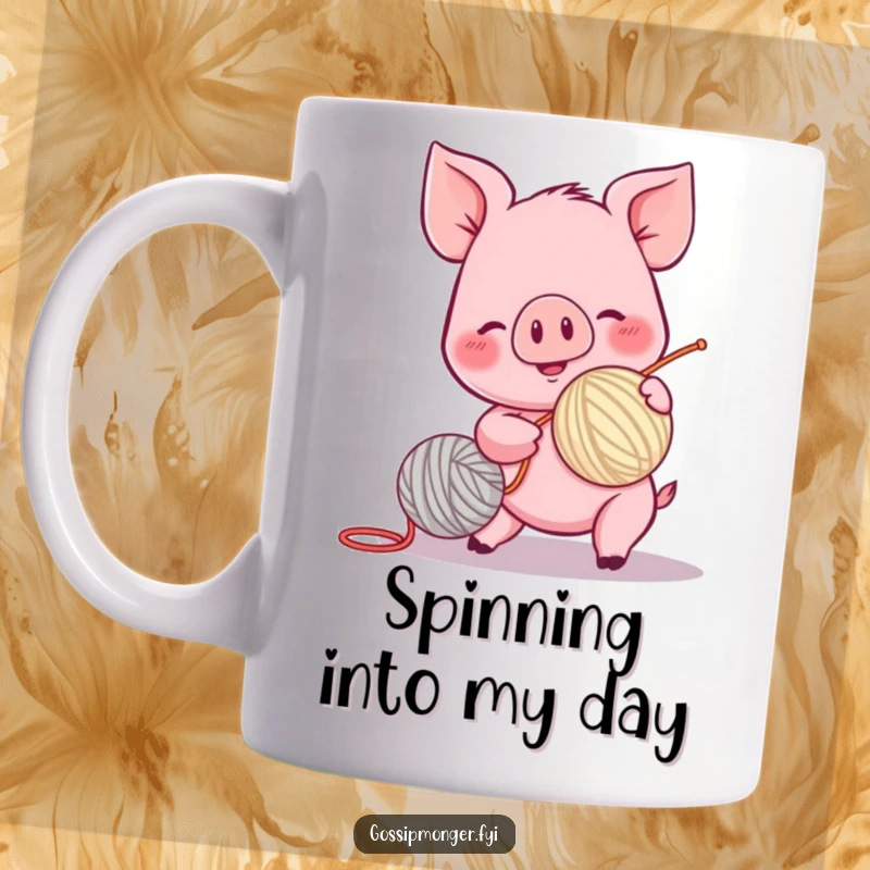 Funny pink piglet with rosy cheeks, excitedly spinning a yarn ball, depicted with pure joy and energy.