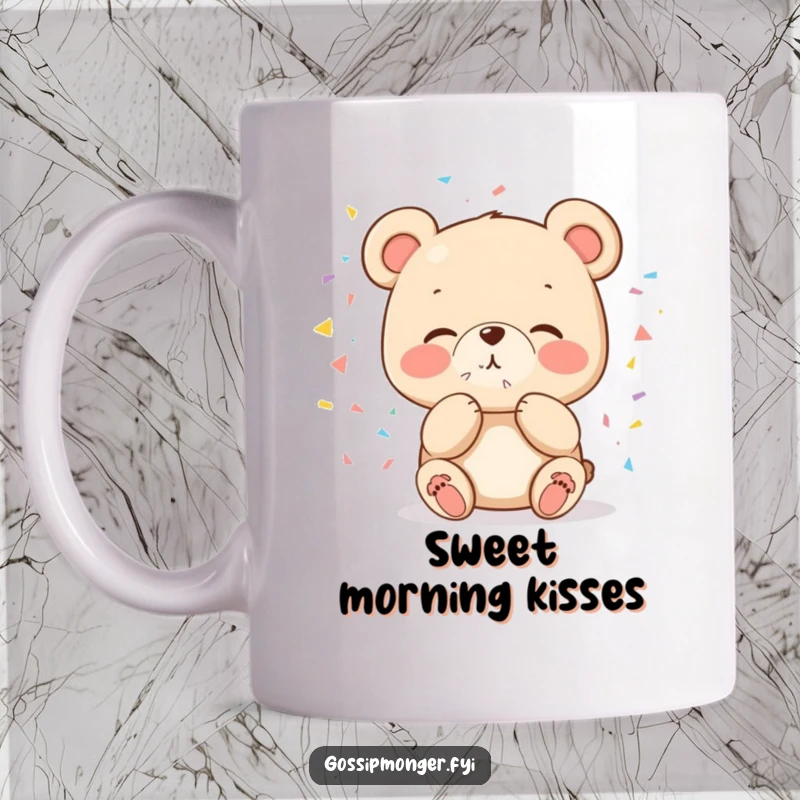 Funny cute bear mug blowing a kiss of colorful confetti, radiating happiness and celebration, great for gift.