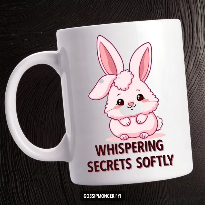 Funny fluffy pink bunny peeking conspiratorially from behind a giant stylized ear, suggesting a shared secret and playful mischief.
