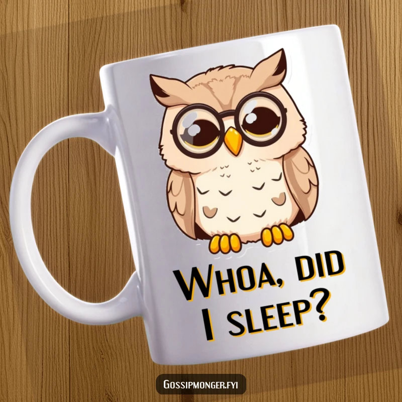 Funny Surprised Owl Mug: A sleepy owl wearing a monocle suddenly looks wide awake and utterly surprised, a humorous expression.