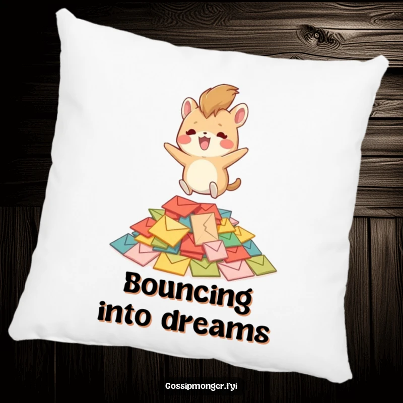Funny creature with a bushy tail bouncing on colorful envelopes, depicted on a soft pillow, bringing comfort and a humorous touch to any space.