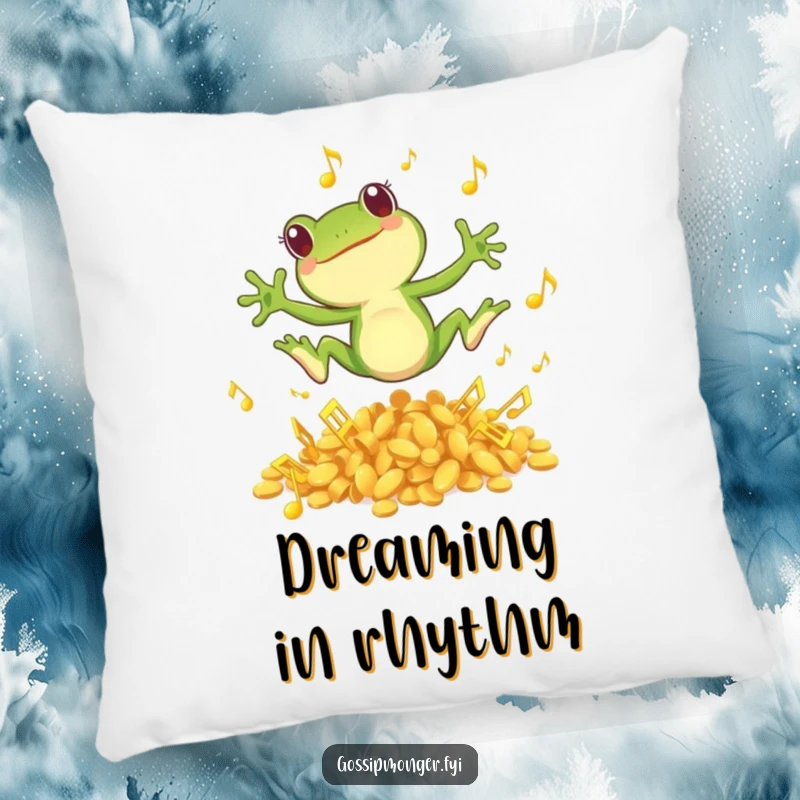 Funny pillow with a small green frog joyfully leaping from musical notes, perfect for adding a touch of fun.