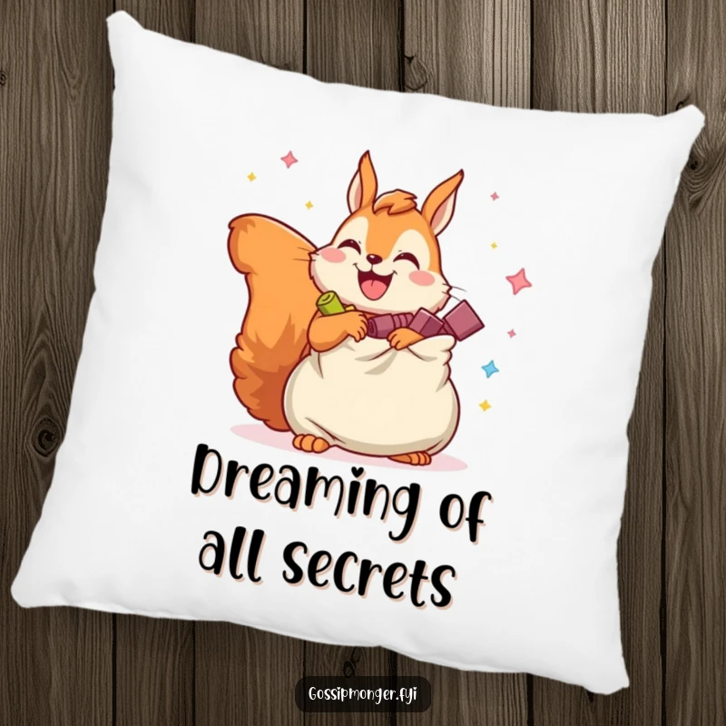 Funny pillow with a joyful squirrel holding an overflowing bag of imaginary secrets, adding a touch of whimsy.