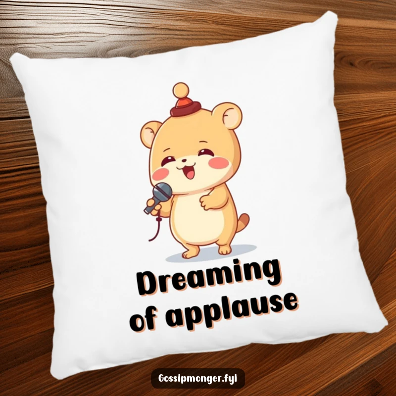 Funny creature in a tiny hat spinning with a microphone, depicted on a soft pillow, bringing comfort and a humorous performance vibe.