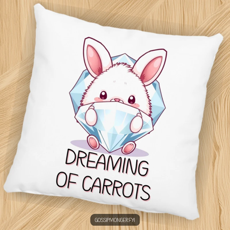 Funny pillow featuring a fluffy bunny peeking behind a large, sparkling diamond, offering comfort and a dose of adorable, playful humor.