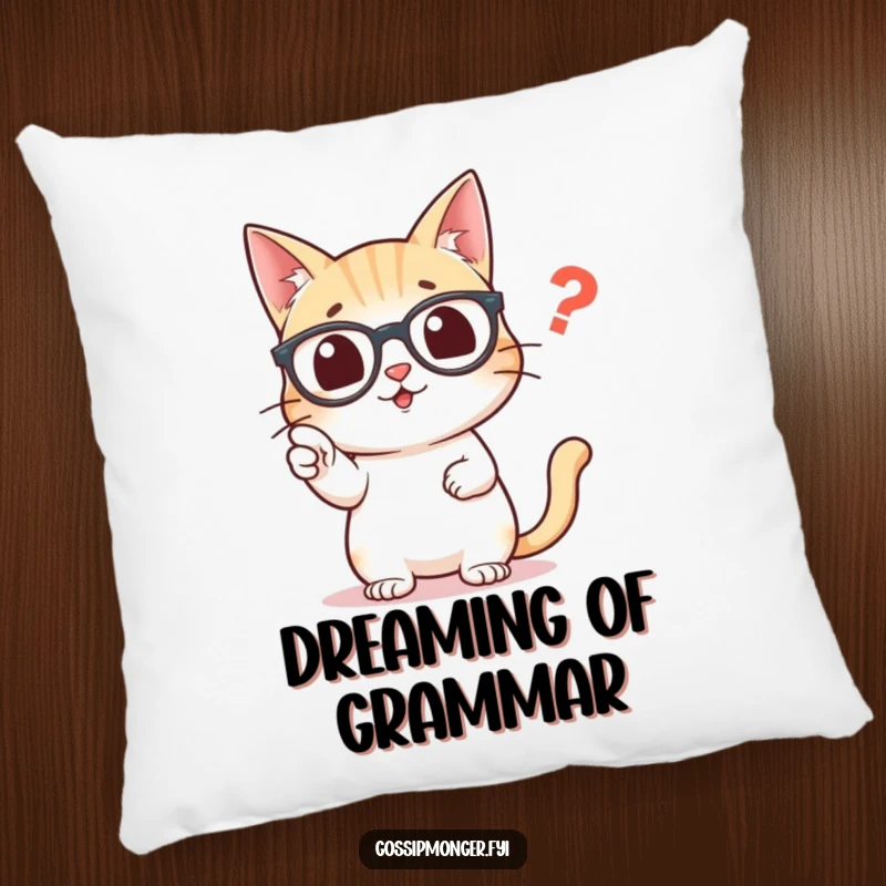 Funny pillow with a wise cat wearing glasses, its paw extended to correct a misplaced comma.