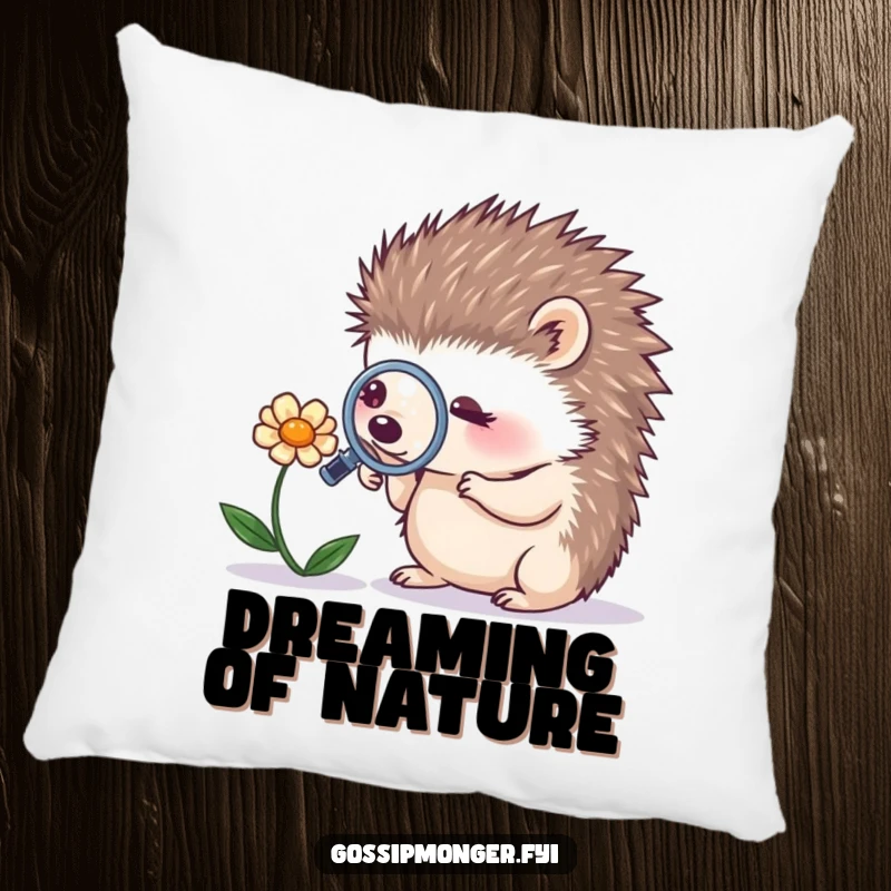 Funny tiny hedgehog using a magnifying glass on a whispering flower, printed on a soft decorative pillow, adding whimsical and humorous flair.