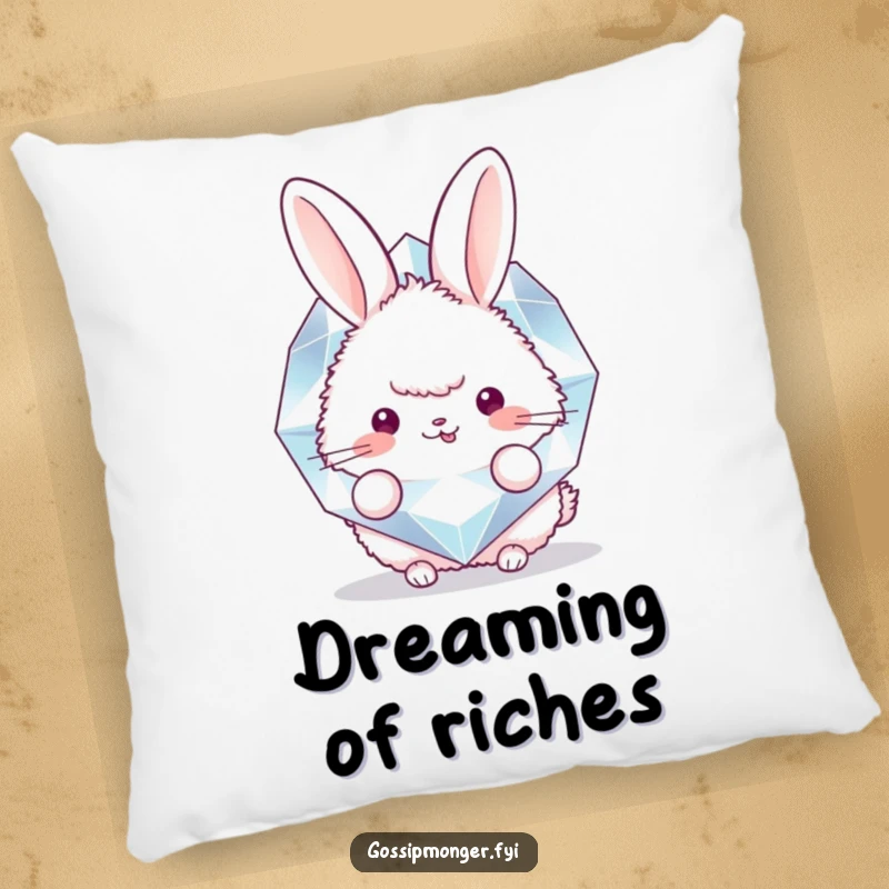 Funny pillow featuring a round, fluffy bunny peeking from behind a giant, sparkling diamond, providing comfort and a whimsical decorative accent.