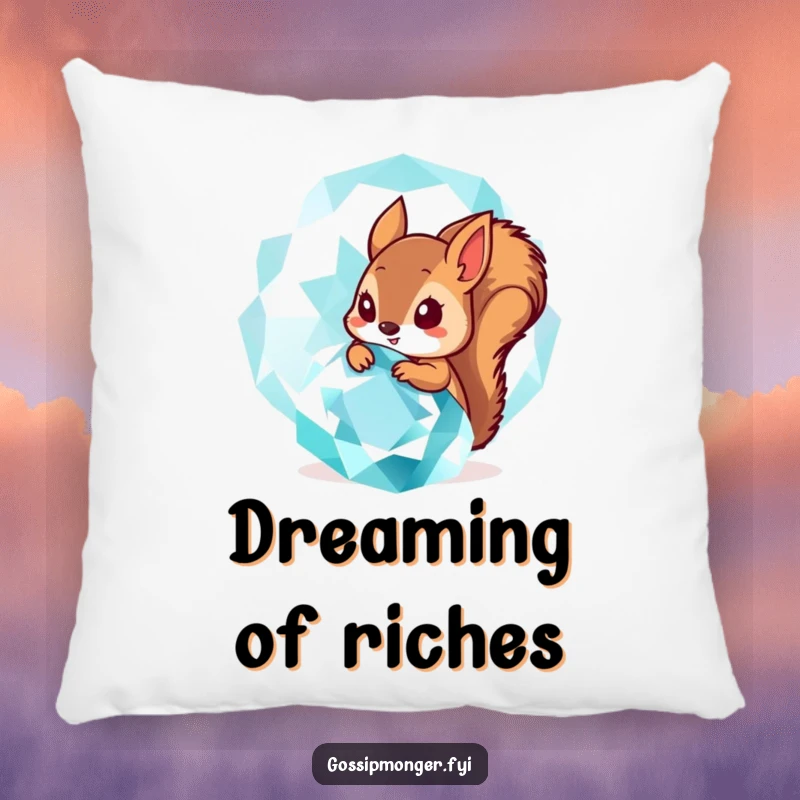 Funny Pillow: A tiny squirrel peeks from behind a giant, sparkling gemstone, creating a funny, cozy, and nature-themed decor element.