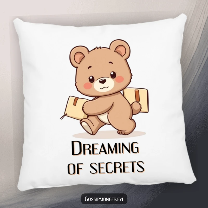 Funny bear cub pillow, tiptoeing with a secret package, soft plush, comfortable and cute home decor.
