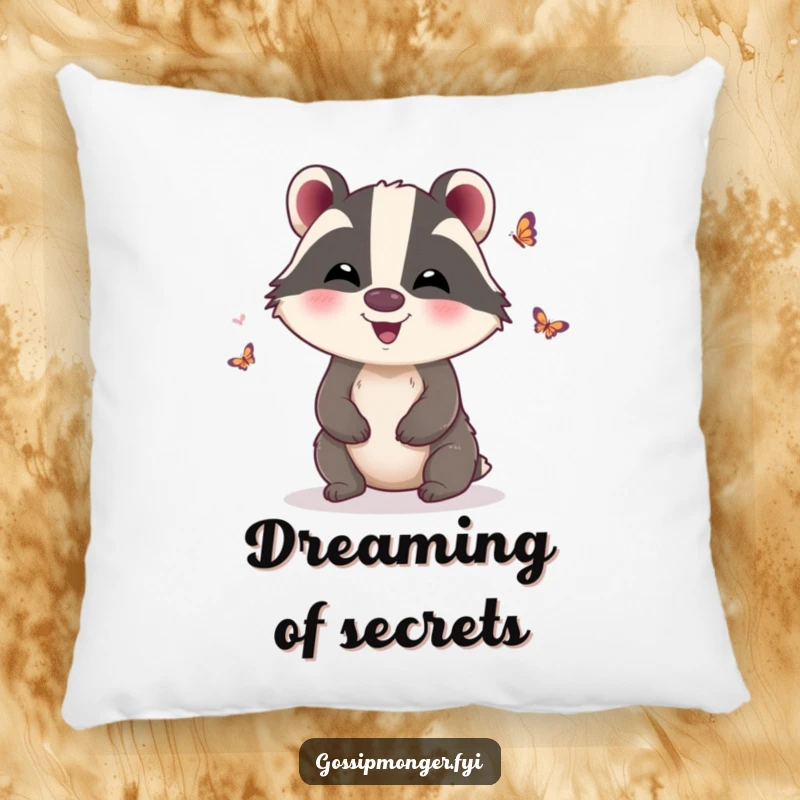 Funny Pillow: A giggling badger with tiny butterfly wings, offering soft, funny comfort and a touch of playful gossip, a lovely funny gift.