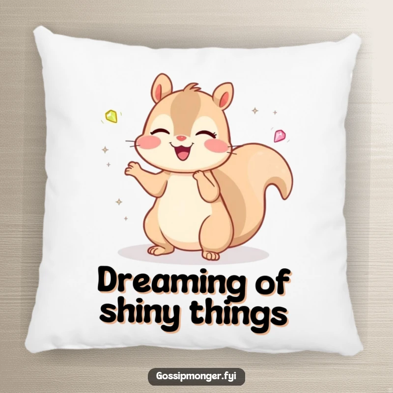 Funny Kawaii Squirrel Pillow: A cheerful, cute squirrel juggles tiny, sparkling gems with a delighted expression, a plush accent.