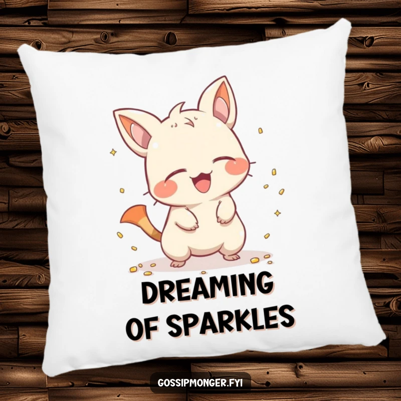Funny creature with a pointy tail scattering shiny objects with a giggle, depicted on a soft pillow, bringing comfort and playful mischief.