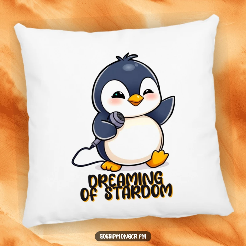 Funny pillow with a tiny penguin winking and holding a small microphone. Cozy performer.
