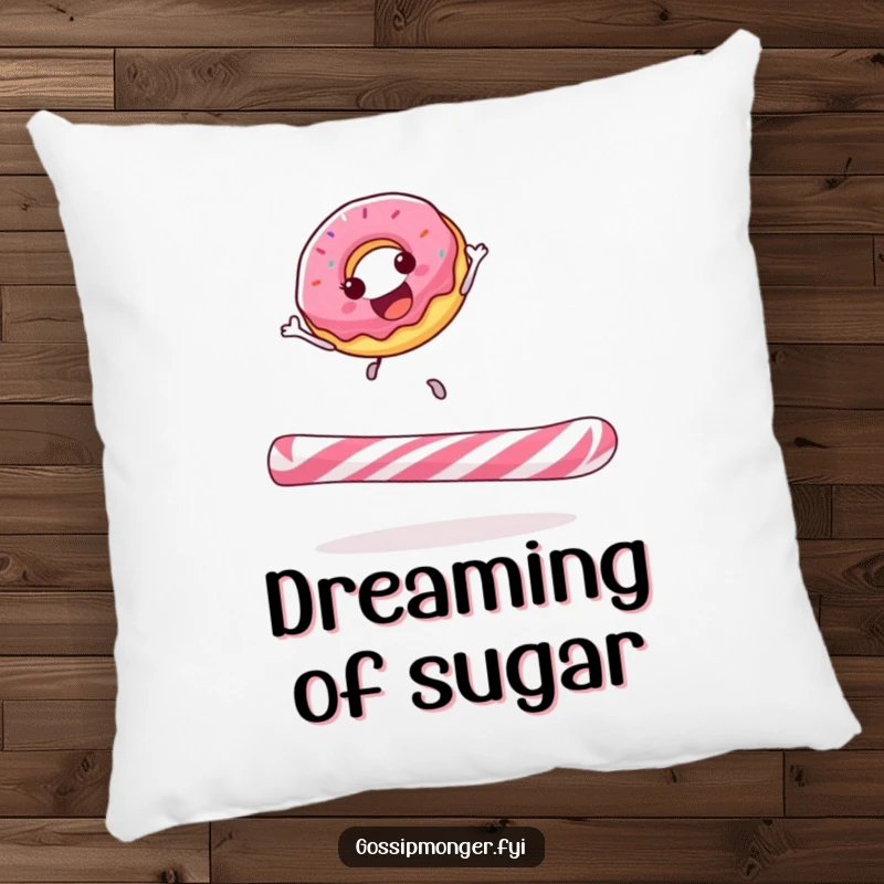 Funny donut pillow showing a happy donut gleefully bouncing on a giant candy cane, bringing sweet cheer and playful vibes.