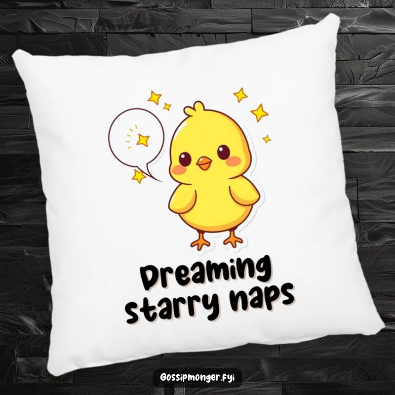 Funny Chick Pillow: A bright yellow chick speaks dreams filled with twinkling stars, providing humorous comfort and decor.