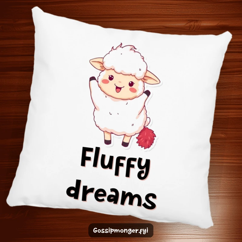 Funny pillow with a fluffy sheep excitedly waving a red feather boa, offering plush comfort and diva energy.