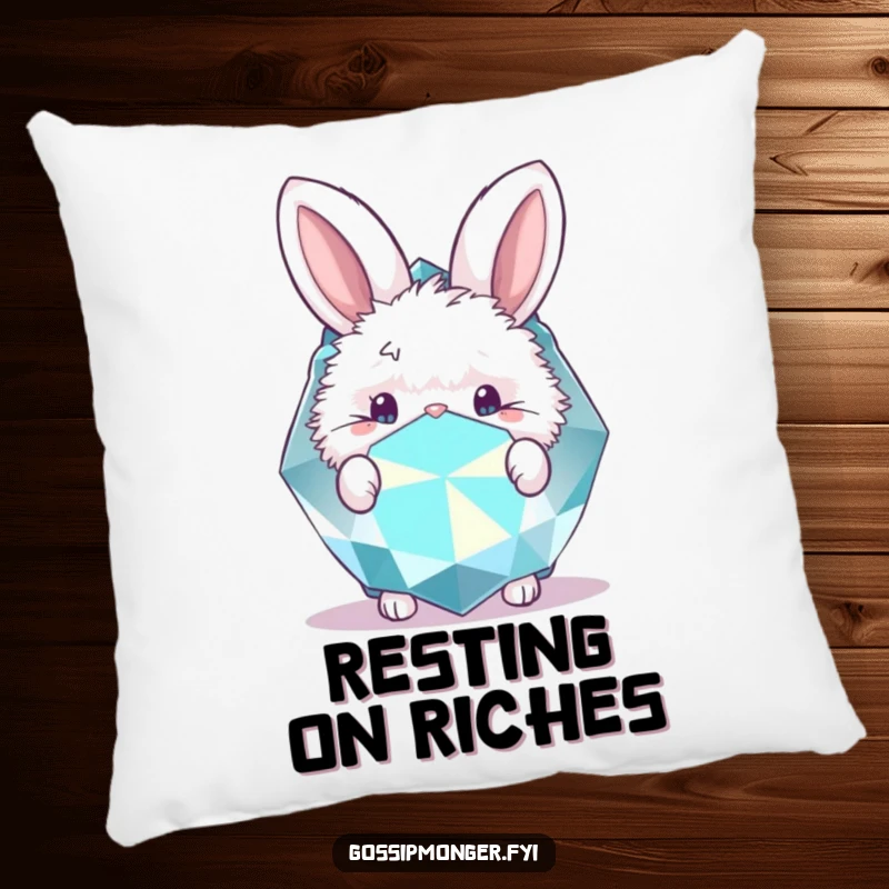 Funny pillow featuring a fluffy bunny peeking behind a huge, sparkling gemstone. Soft and cute.