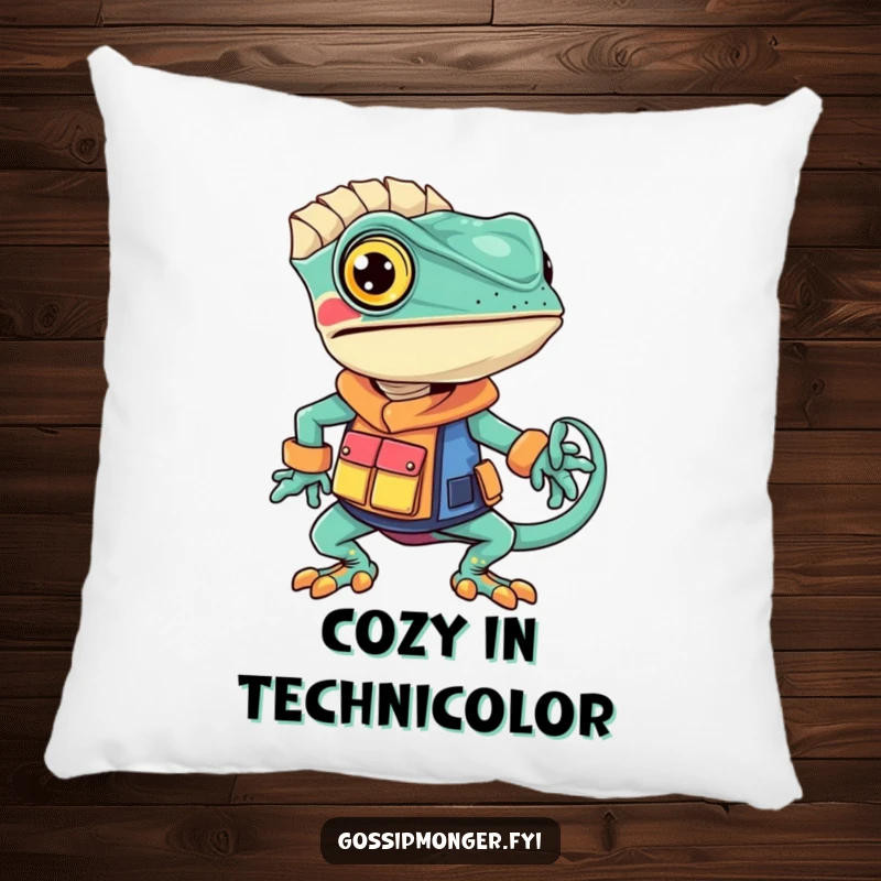 Funny chameleon pillow showing a confident chameleon wearing a unique, brightly colored outfit, bringing stylish humor to any decor.