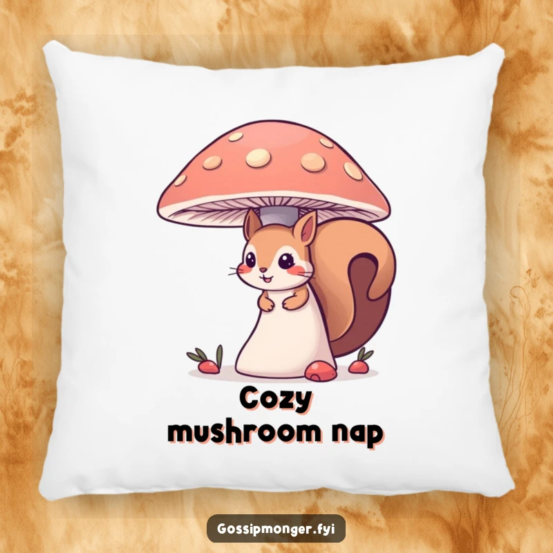 Funny curious squirrel pillow, peeking from behind a large mushroom, offering cozy comfort and a touch of whimsical, woodland humor.