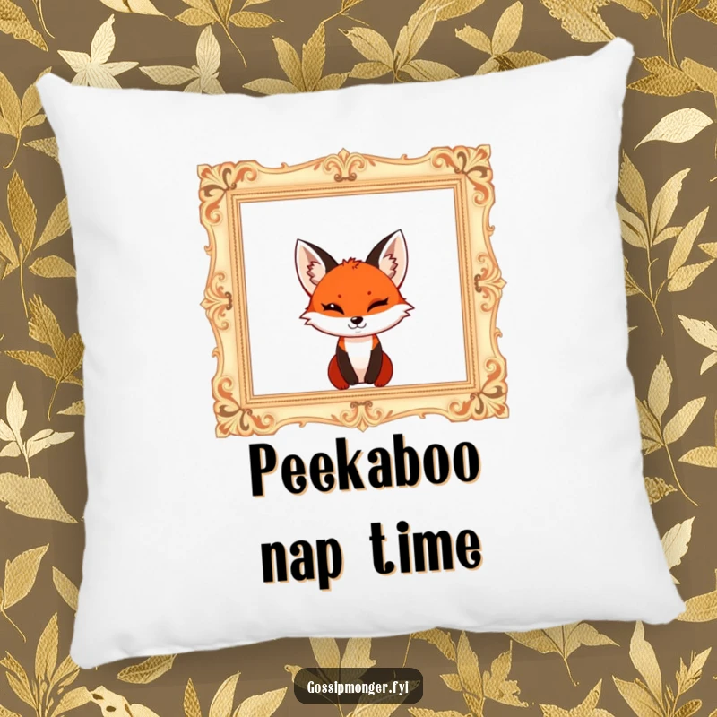 Funny red fox with a mischievous wink, popping out of a giant ornate empty picture frame, comfortable decorative pillow.
