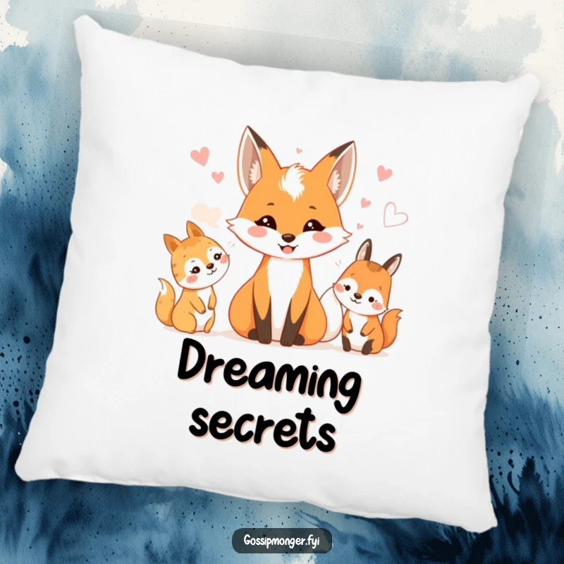 Funny pillow with a smiling fox whispering secrets to happy woodland creatures. Cozy friendship.