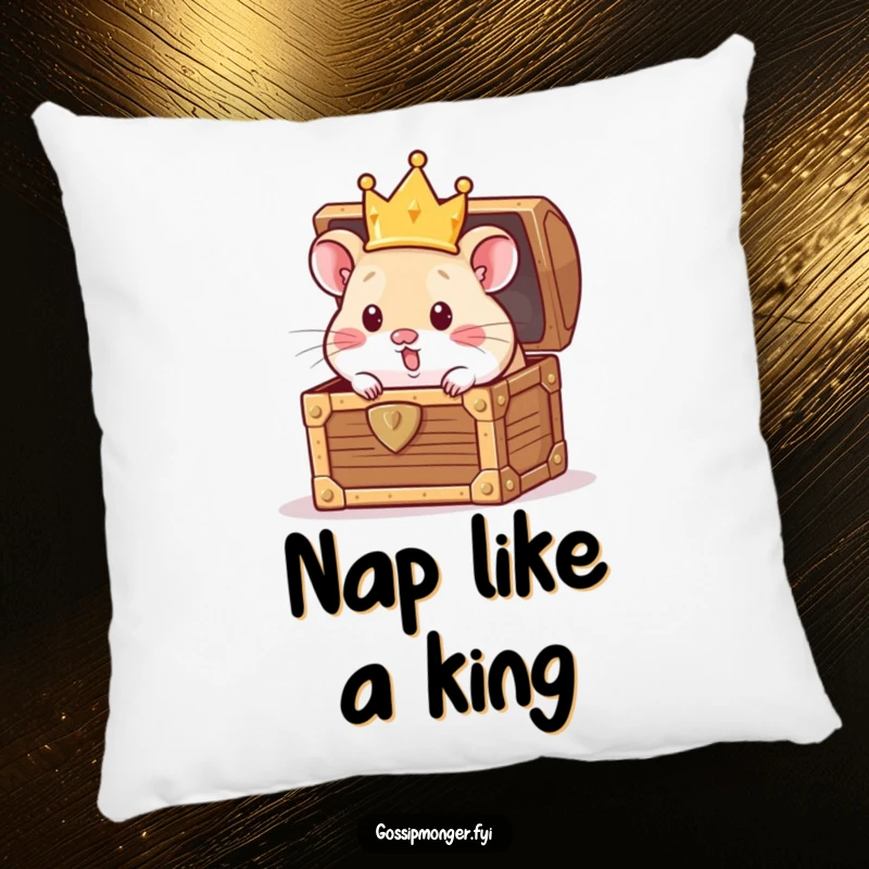 Funny Pillow: A curious hamster with a crown peeking from a treasure chest, offering soft, funny comfort and a regal touch, a lovely funny gift.