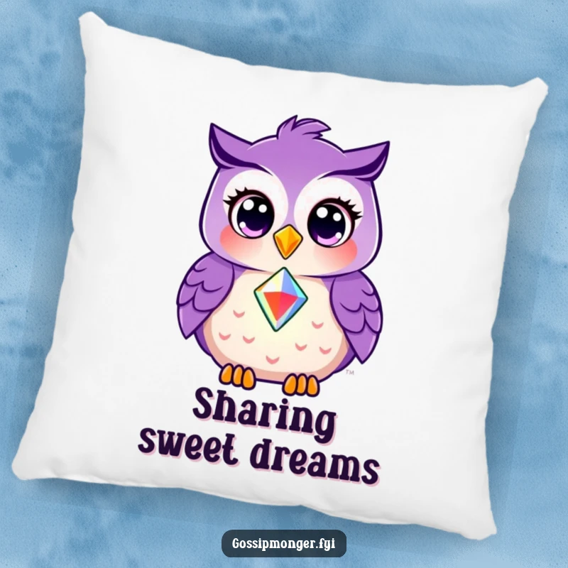 Funny pillow with a smiling purple owl sharing a shining gem, perfect for adding a touch of friendship to decor.