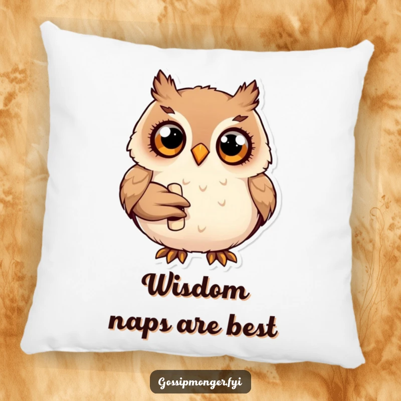 Funny plump happy owl with wide curious eyes, holding a tiny rolled-up scroll, comfortable decorative pillow.