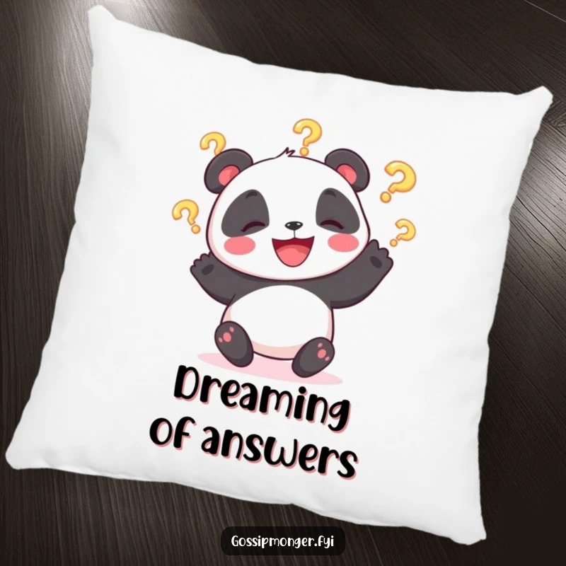 Funny pillow featuring a happy panda bear juggling three glowing question marks, perfect for adding a humorous touch to decor.