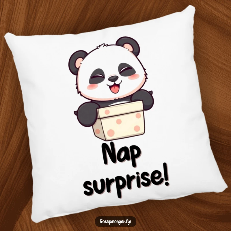 Funny Pillow featuring a lovable panda popping out of a gift box, giving a charmingly mischievous wink.