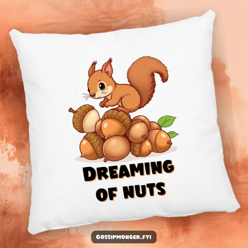 Funny Squirrel Acorns Pillow: A soft pillow with a brown squirrel balancing on giant acorns, offering cozy and whimsical decor.