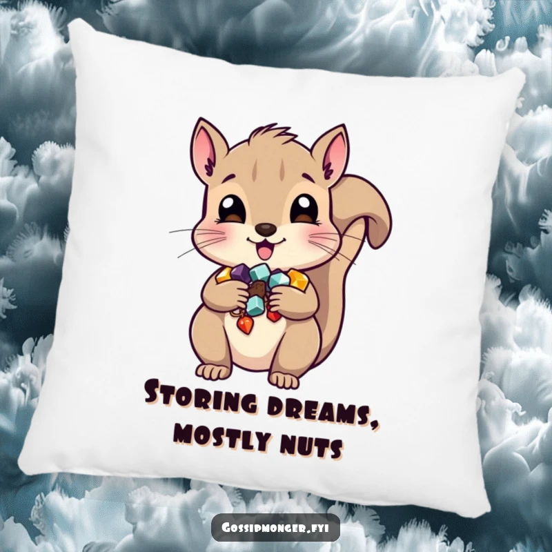 Funny squirrel pillow, a cute character stuffing shiny trinkets into its cheeks, soft and decorative object.