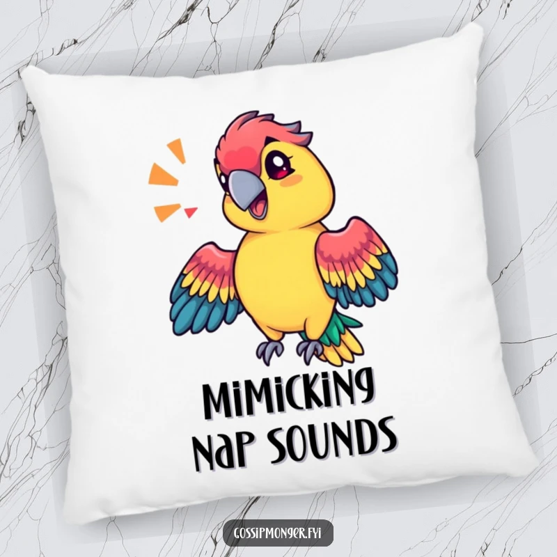 Funny technicolor parrot with a sassy tilt of its head, mimicking a sound effect with its wings, comfortable decorative pillow.