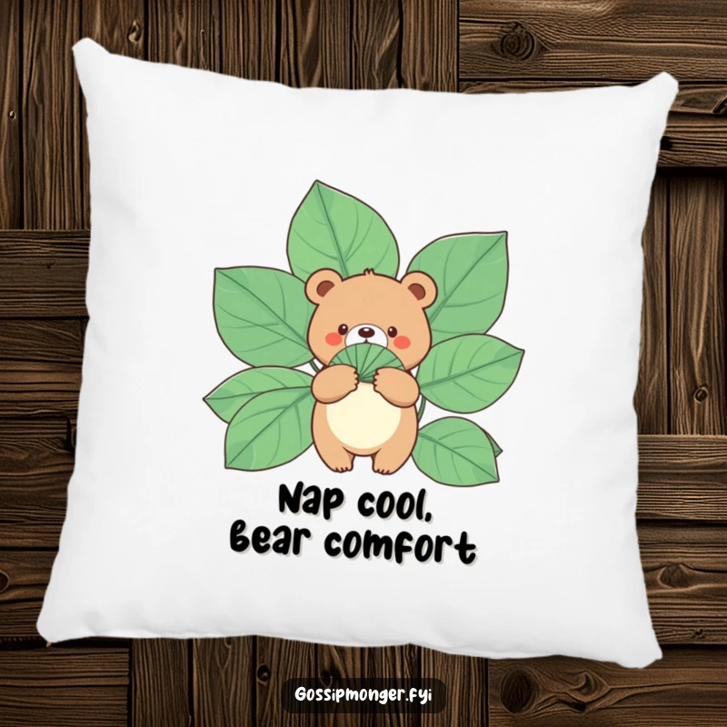 Funny Bear Pillow: A small, round bear holds a fan made of gigantic leaves, providing humorous comfort and decor.