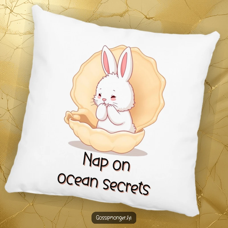 Funny Bunny Pillow: A fluffy white rabbit whispers secrets into a large conch shell, providing humorous comfort and decor.