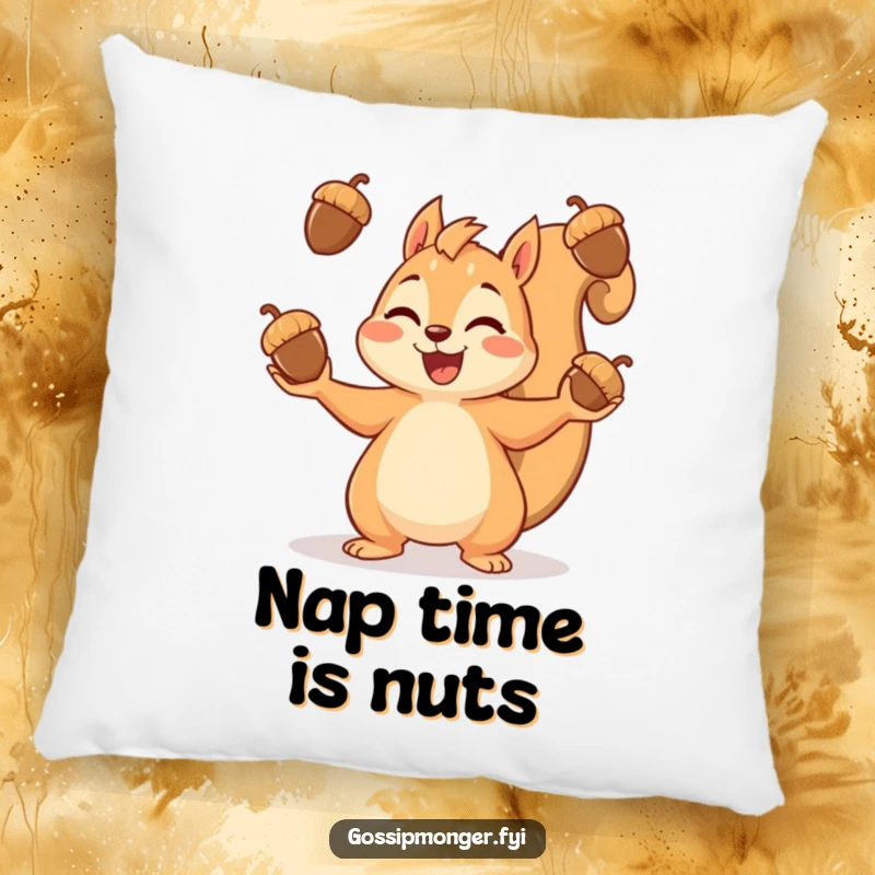 Funny pillow featuring a content squirrel expertly juggling acorns, offering a touch of playful comfort.